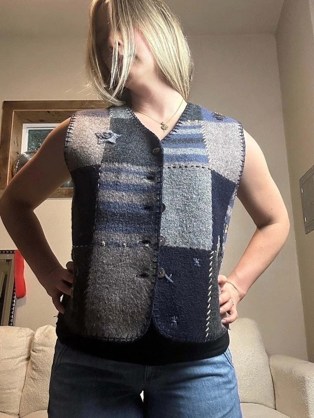Woolrich 9547 Navy Multi Patchwork Wool Cardigan Vest Size Medium Like New